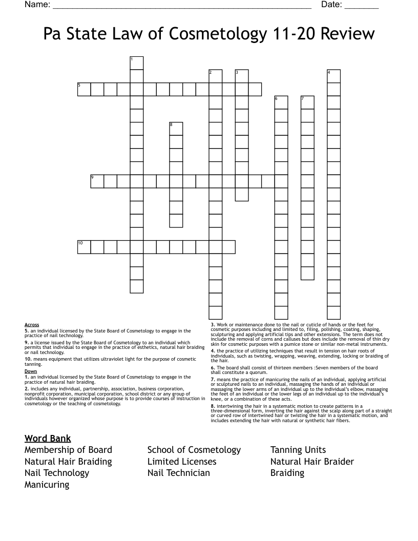 Pa State Law of Cosmetology 11-20 Review Crossword