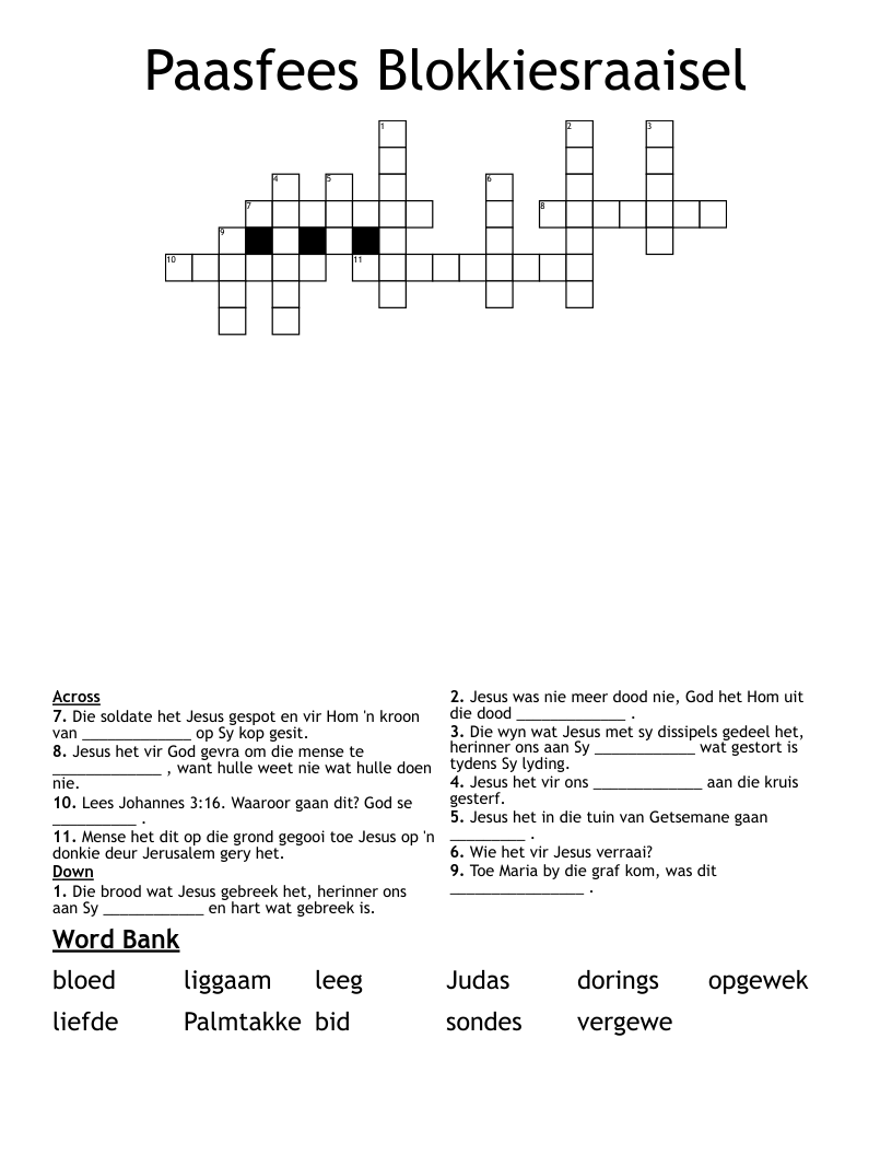 Paasfees Blokkiesraaisel Crossword