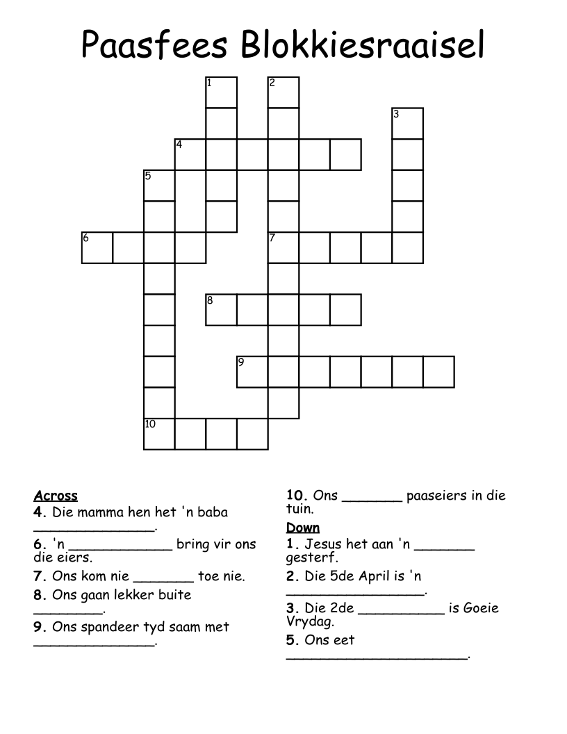Paasfees Blokkiesraaisel Crossword