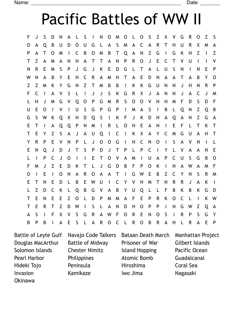 Pacific Battles of WW II Word Search