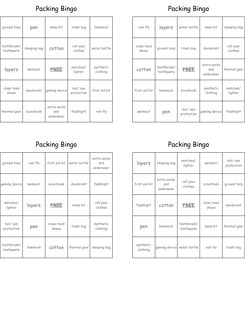 Packing Bingo