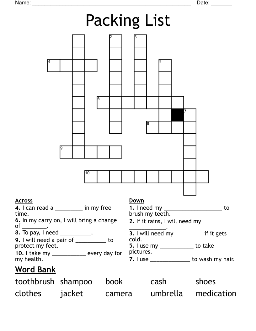 Packing List Crossword