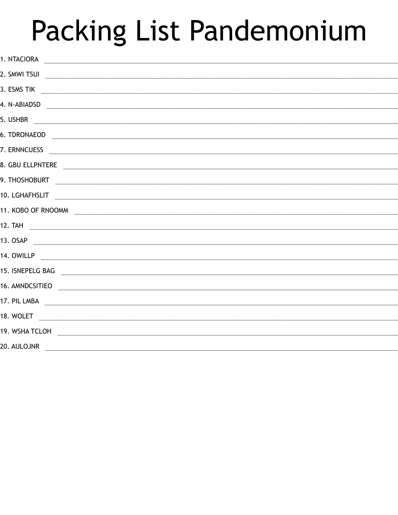 Packing List Pandemonium Word Scramble