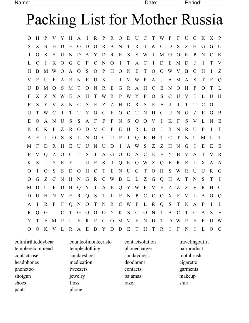 Packing List for Mother Russia Word Search