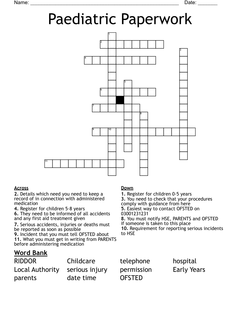 Paediatric Paperwork Crossword