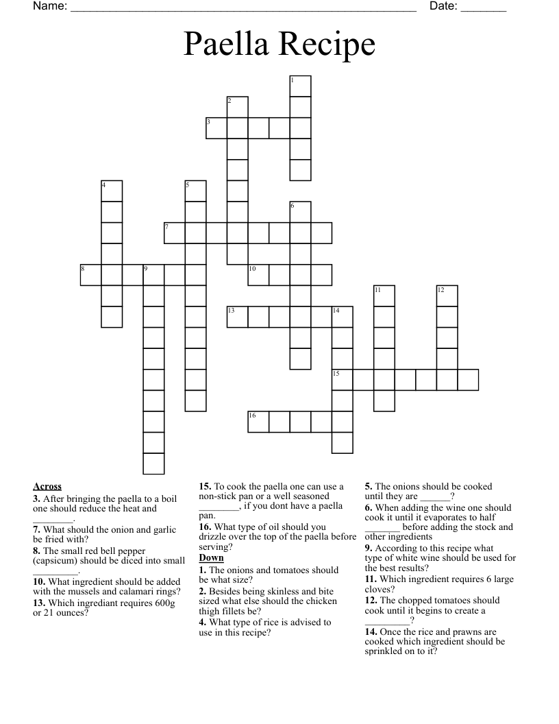 Paella Recipe Crossword
