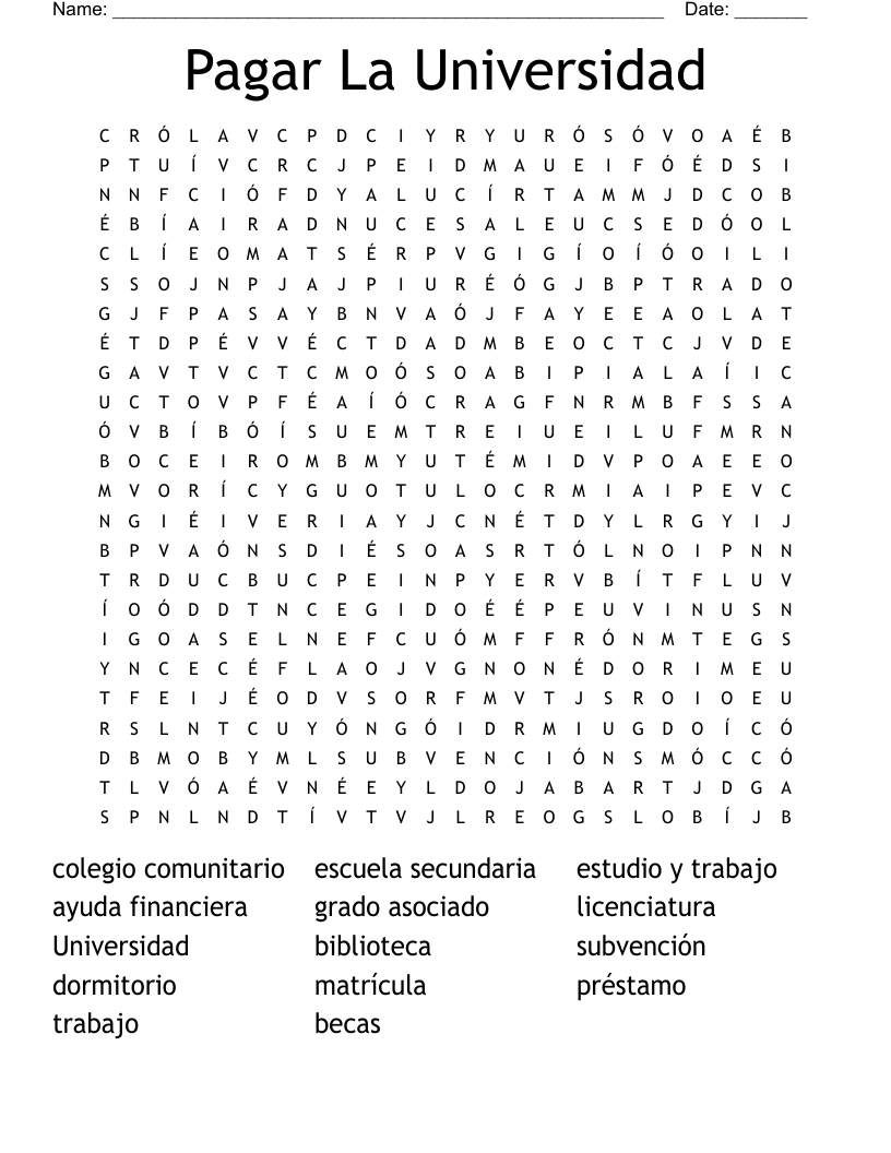 Pagar La Universidad Word Search