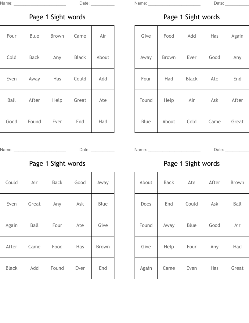 Page 1 Sight words  Bingo Cards