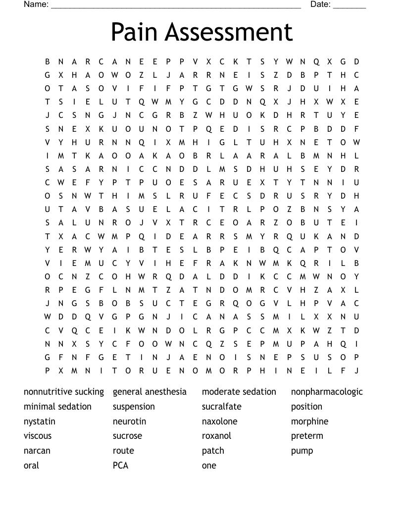 Pain Assessment Word Search