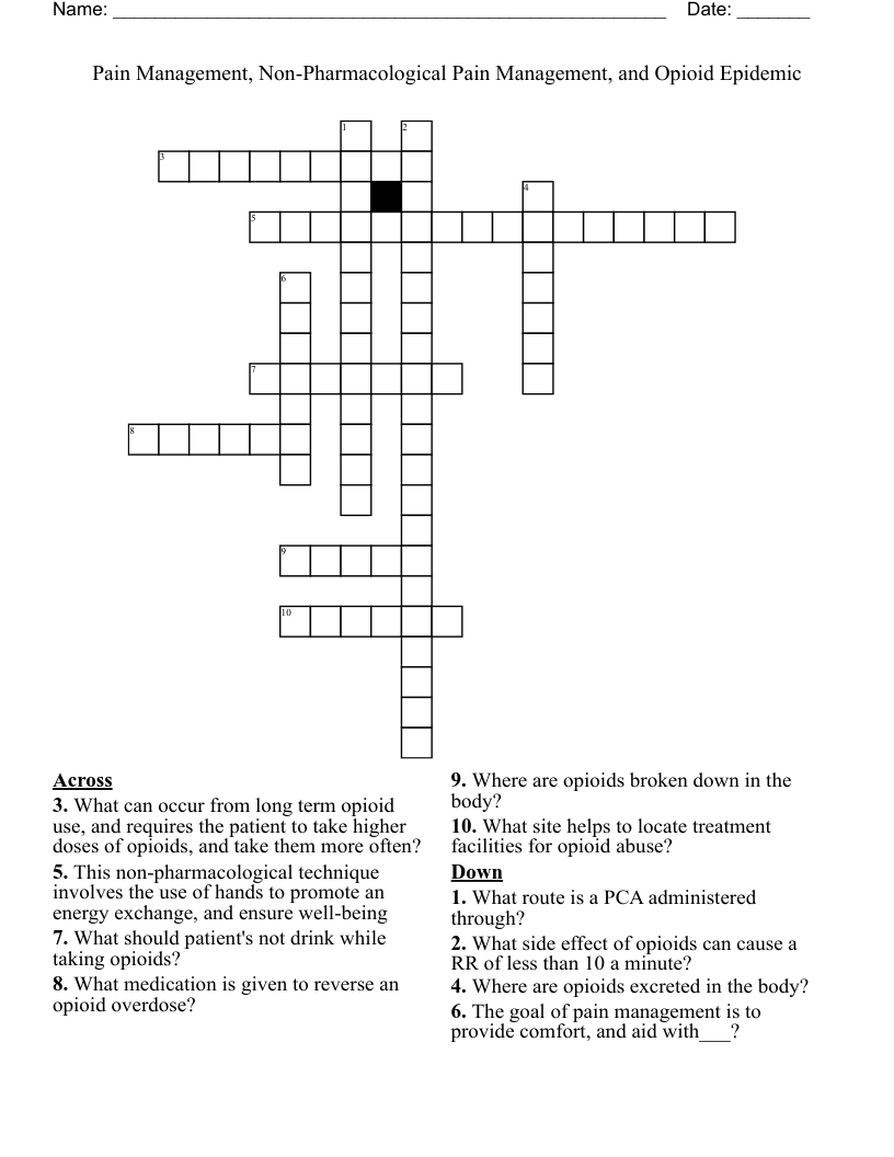 Pain Management, Non-Pharmacological Pain Management, and Opioid Epidemic Crossword