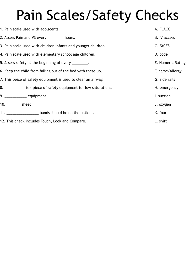 Pain Scales/Safety Checks Worksheet
