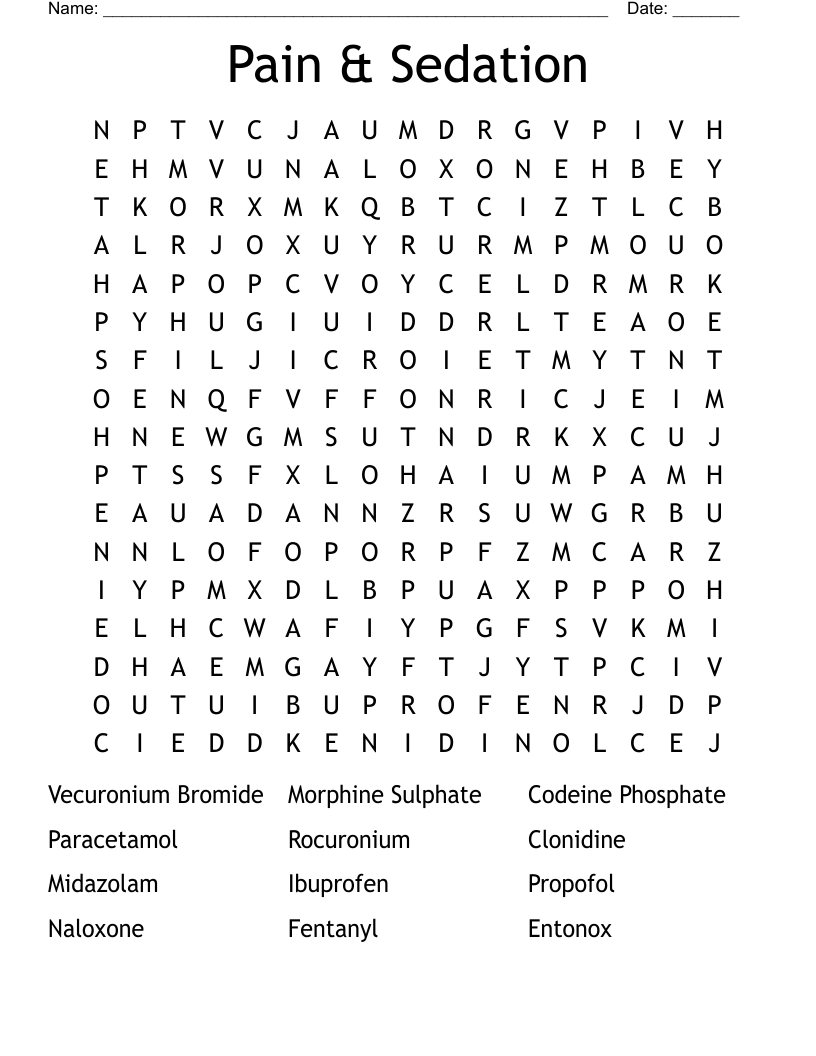 Pain & Sedation Word Search