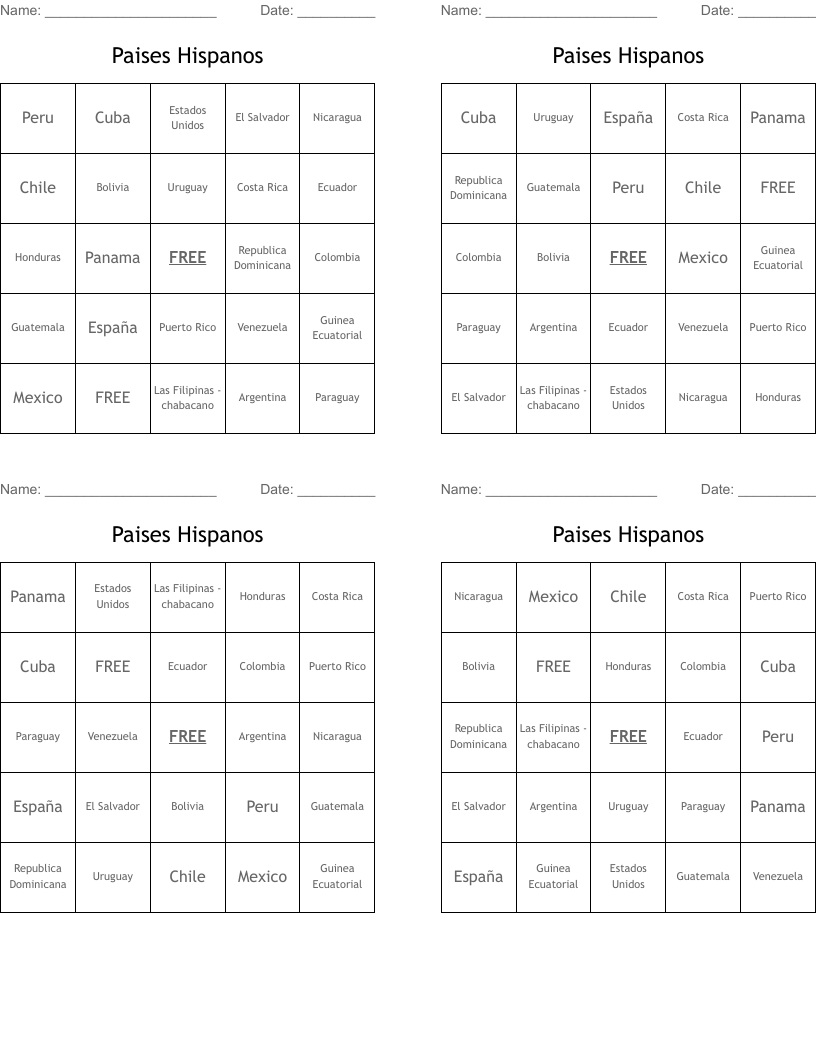 Paises Hispanos Bingo Cards