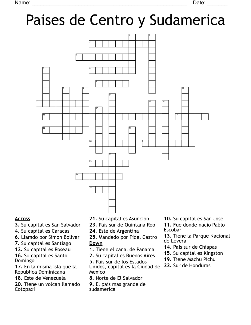 Paises de Centro y Sudamerica Crossword