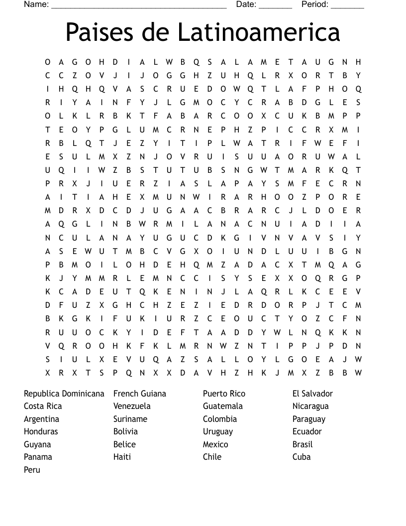 Paises de Latinoamerica Word Search