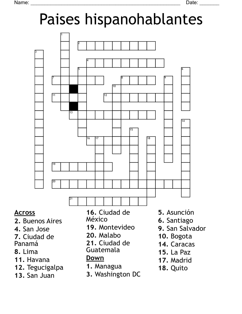 Paises hispanohablantes Crossword