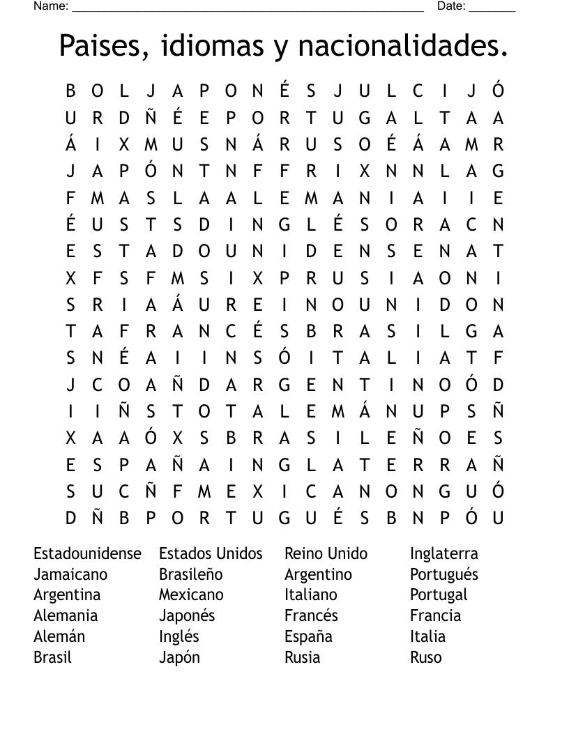 Paises, idiomas y nacionalidades. Word Search