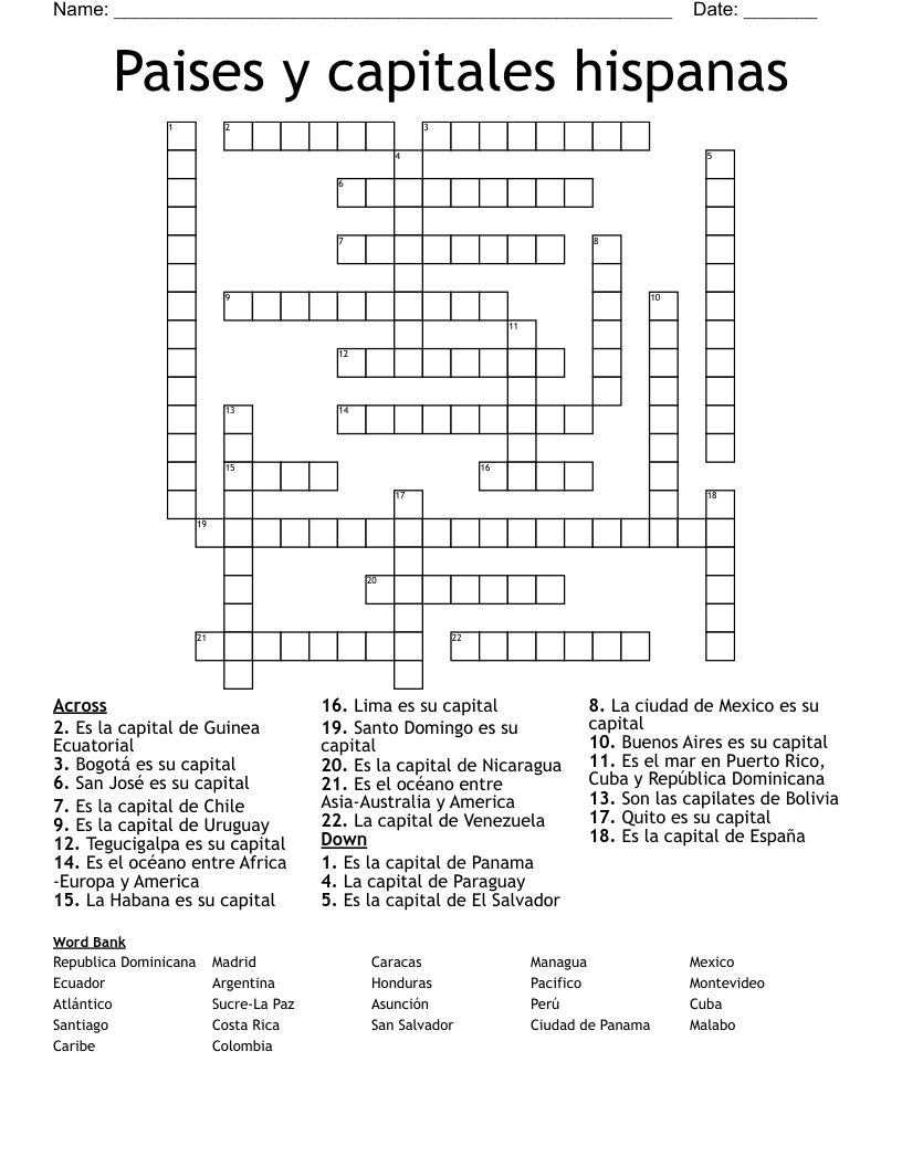 Paises y capitales hispanas Crossword