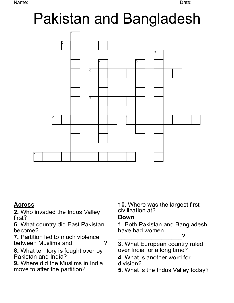 Pakistan and Bangladesh  Crossword