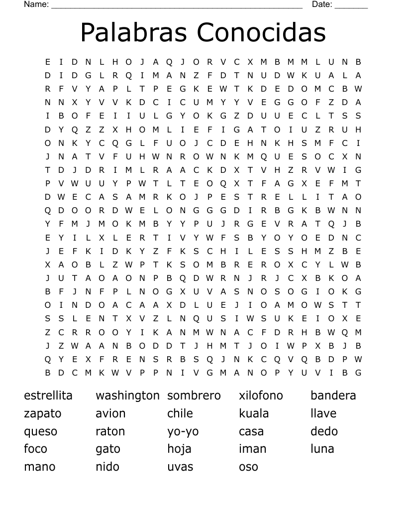 Palabras Conocidas Word Search