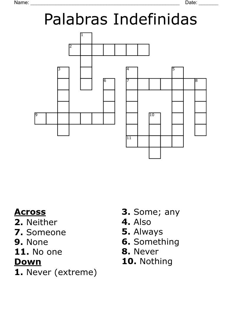 Palabras Indefinidas Crossword