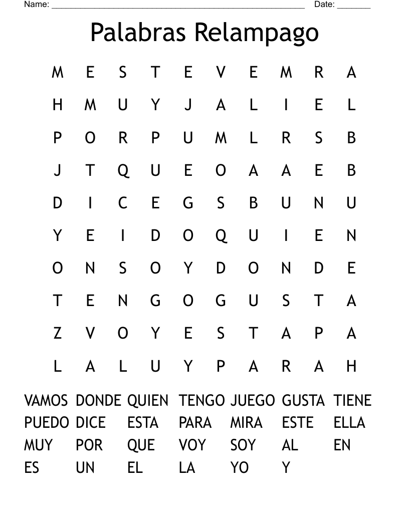 Palabras Relampago Word Search