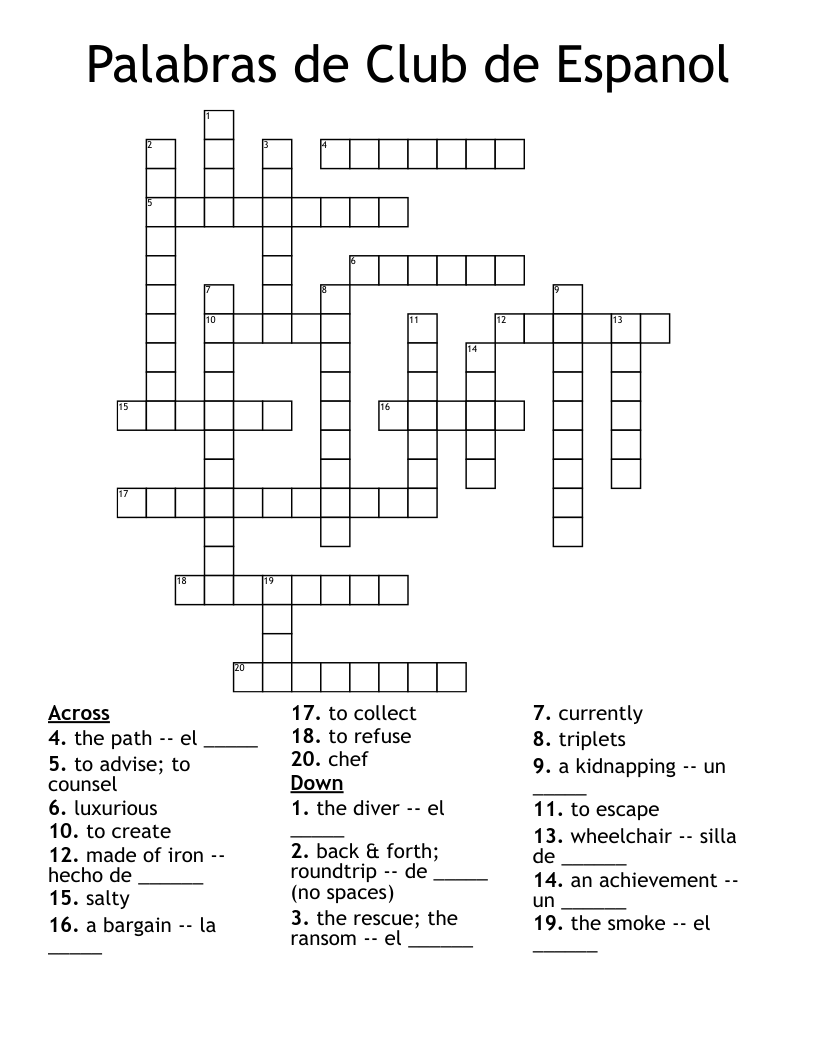 Palabras de Club de Espanol Crossword