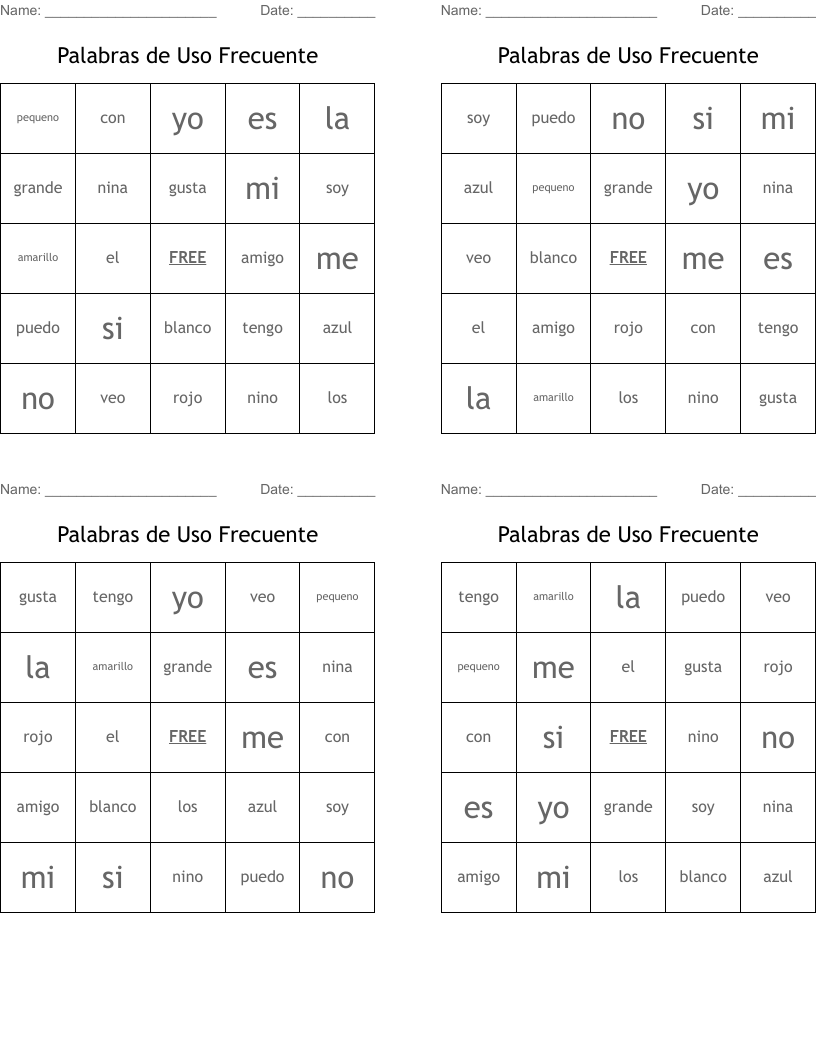 Palabras de Uso Frecuente Bingo Cards
