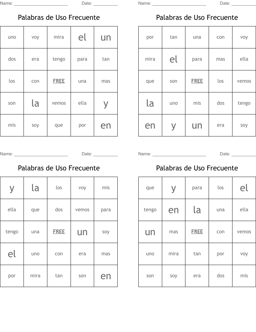 Palabras de Uso Frecuente Bingo Cards