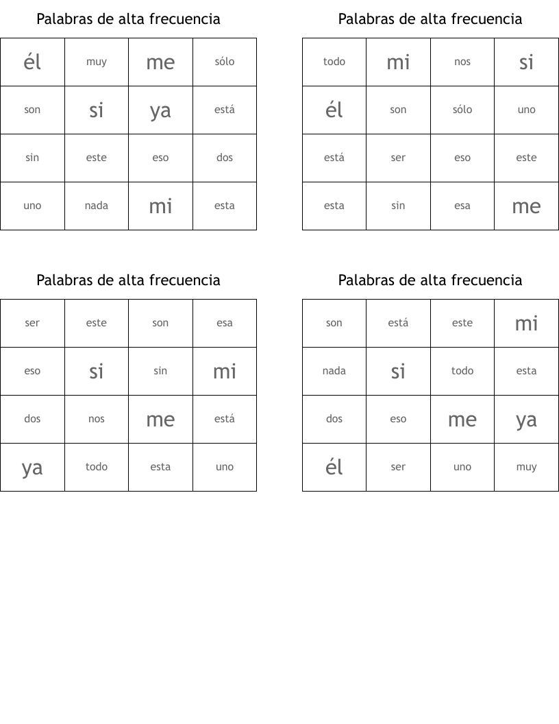 Palabras de alta frecuencia Bingo Cards