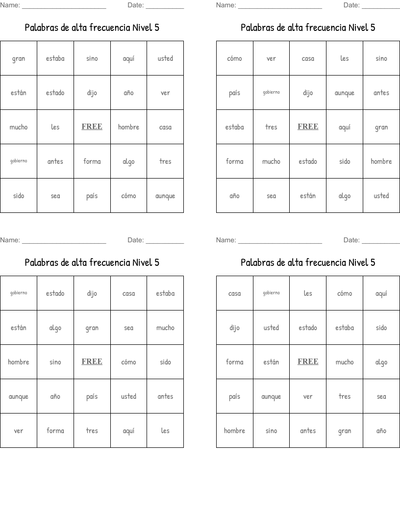 Palabras de alta frecuencia Nivel 5 Bingo Cards