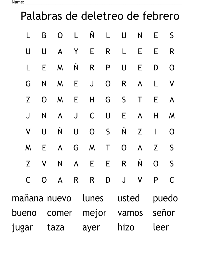 Palabras de deletreo de febrero Word Search