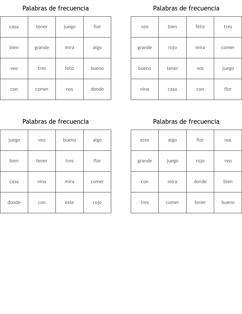Palabras de frecuencia Bingo Cards
