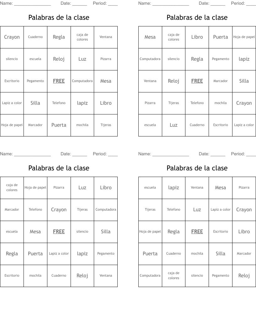 Palabras de la clase Bingo Cards