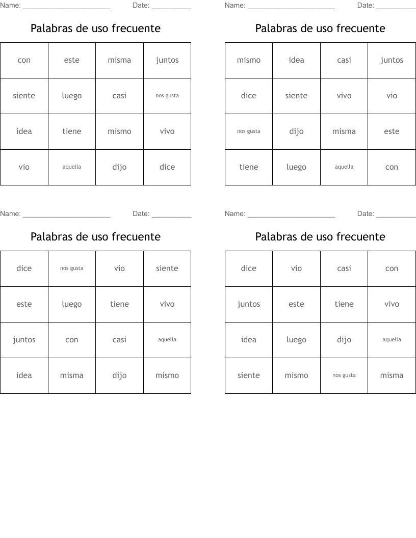 Palabras de uso frecuente Bingo Cards