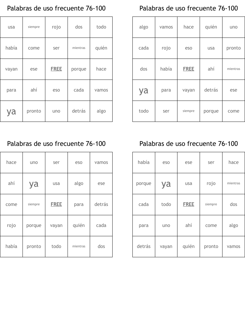 Palabras de uso frecuente 76-100 Bingo Cards