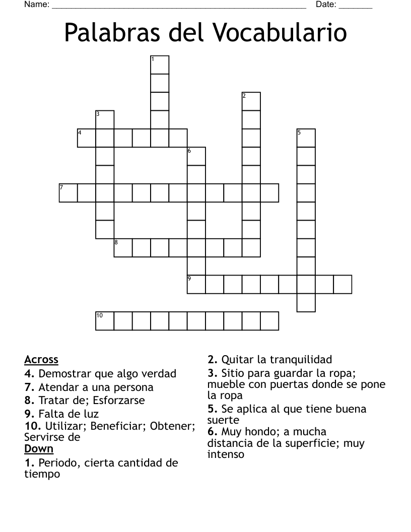 Palabras del Vocabulario Crossword