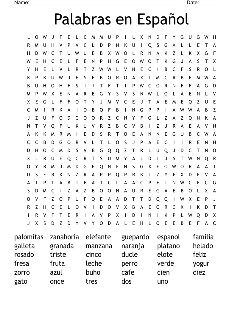 Palabras en Español Word Search