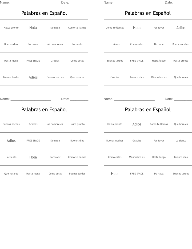 Palabras en Español  Bingo Cards