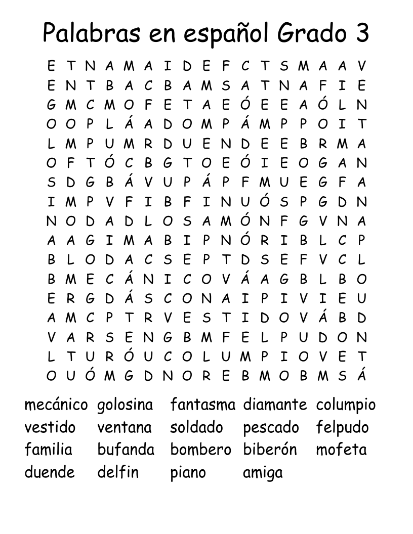 Palabras en español Grado 3 Word Search
