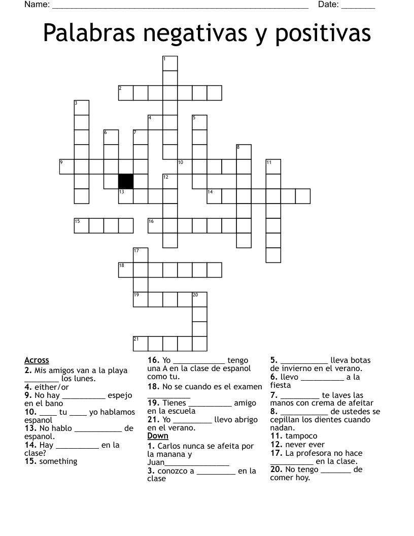 Palabras negativas y positivas Crossword