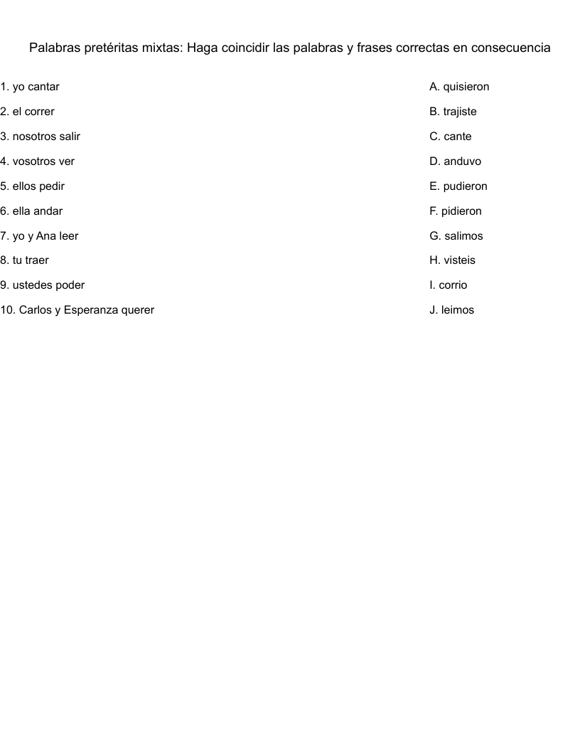 Palabras pretéritas mixtas: Haga coincidir las palabras y frases correctas en consecuencia Worksheet
