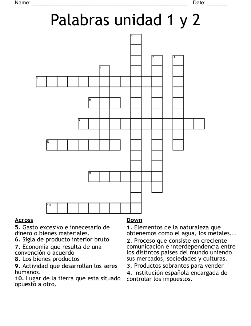Palabras unidad 1 y 2 Crossword