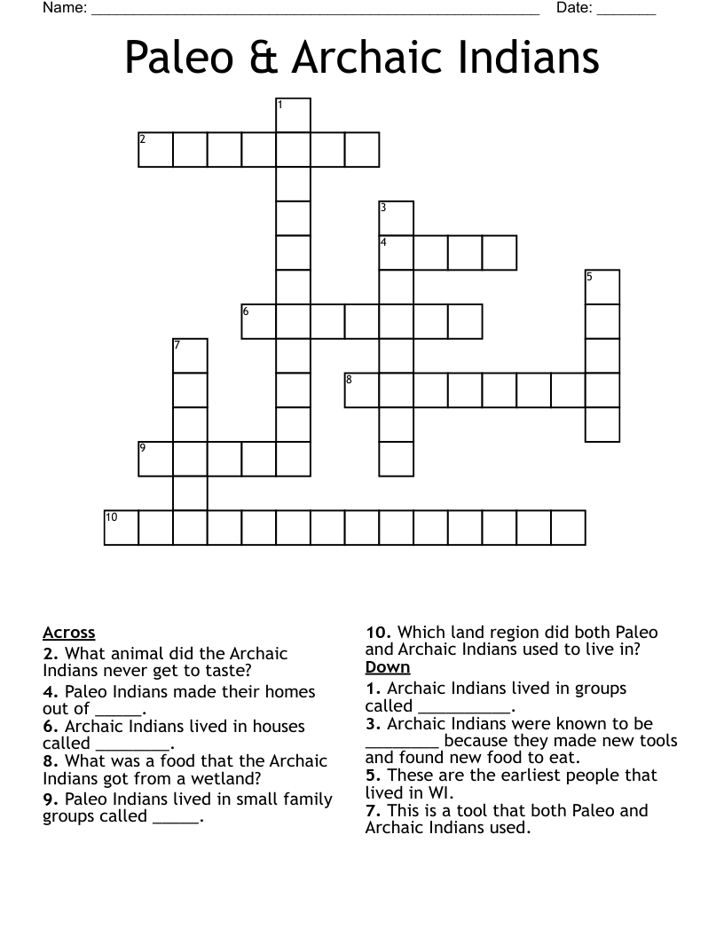 Paleo & Archaic Indians Crossword