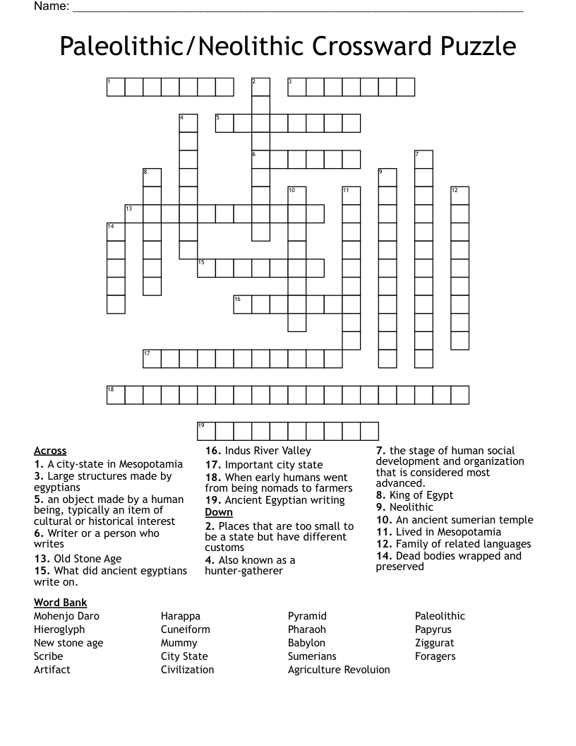 Paleolithic/Neolithic Crossward Puzzle Crossword
