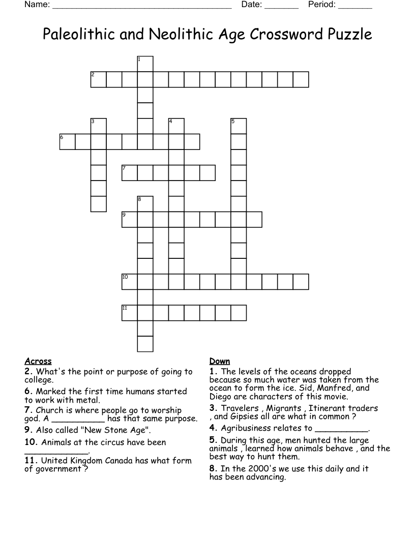 Paleolithic and Neolithic Age Crossword Puzzle