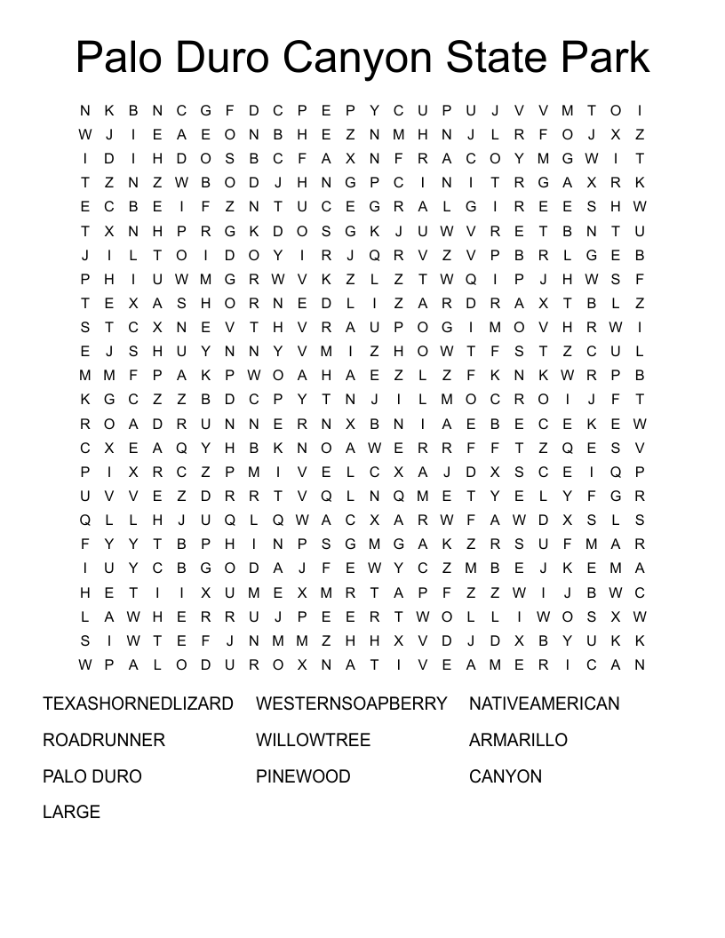 Palo Duro Canyon State Park Word Search