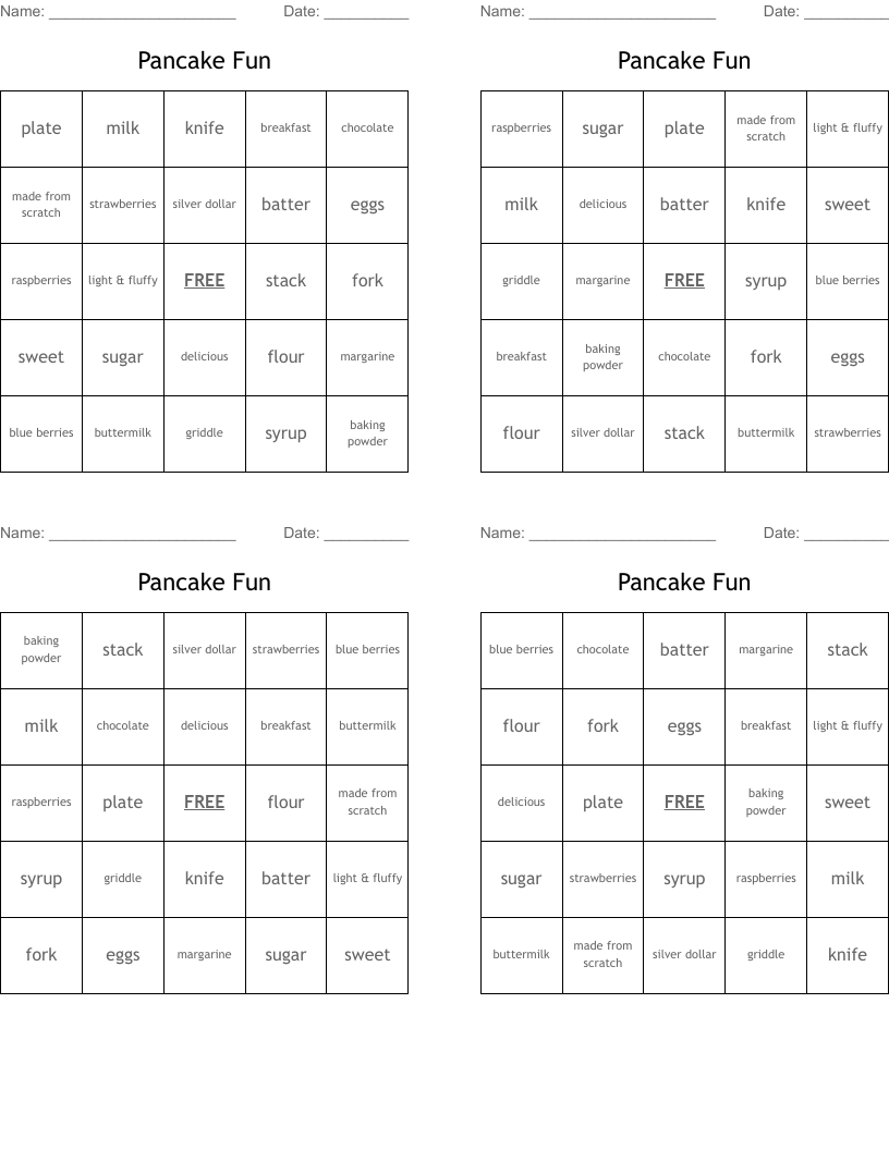 Pancake Fun Bingo Cards