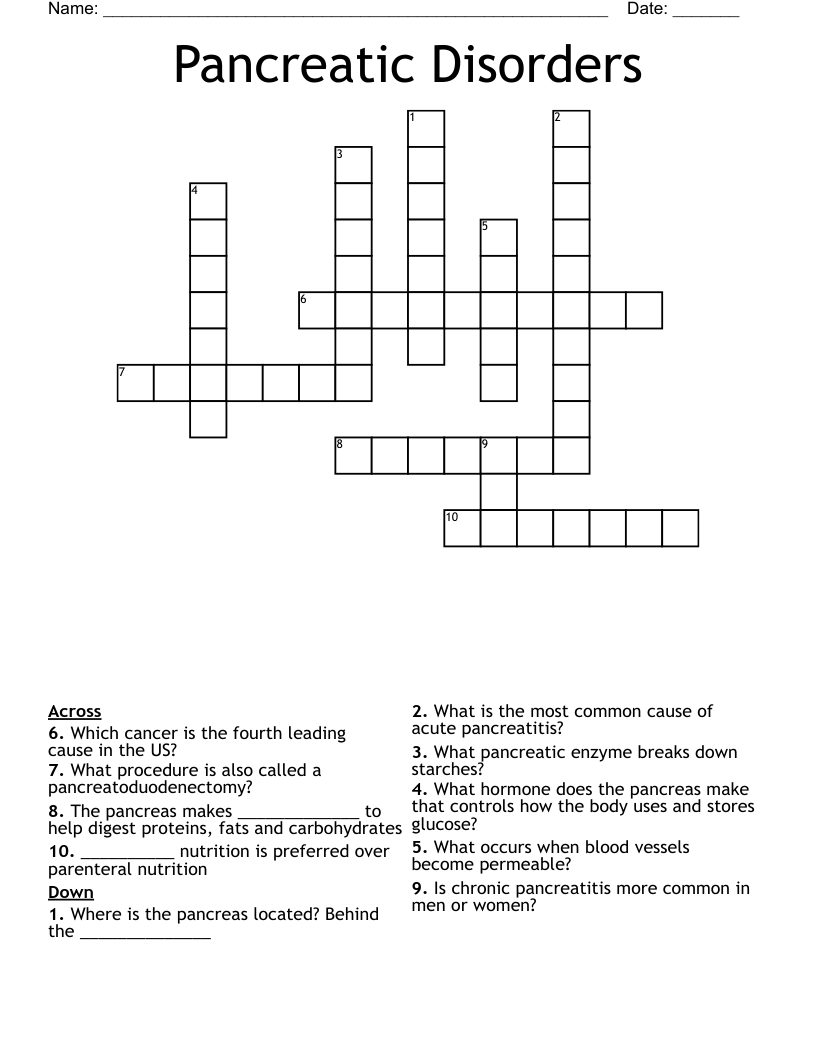 Pancreatic Disorders Crossword