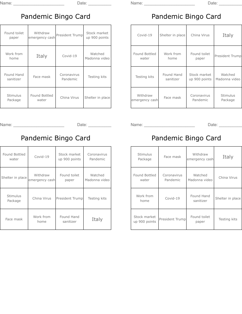 Pandemic Bingo Card